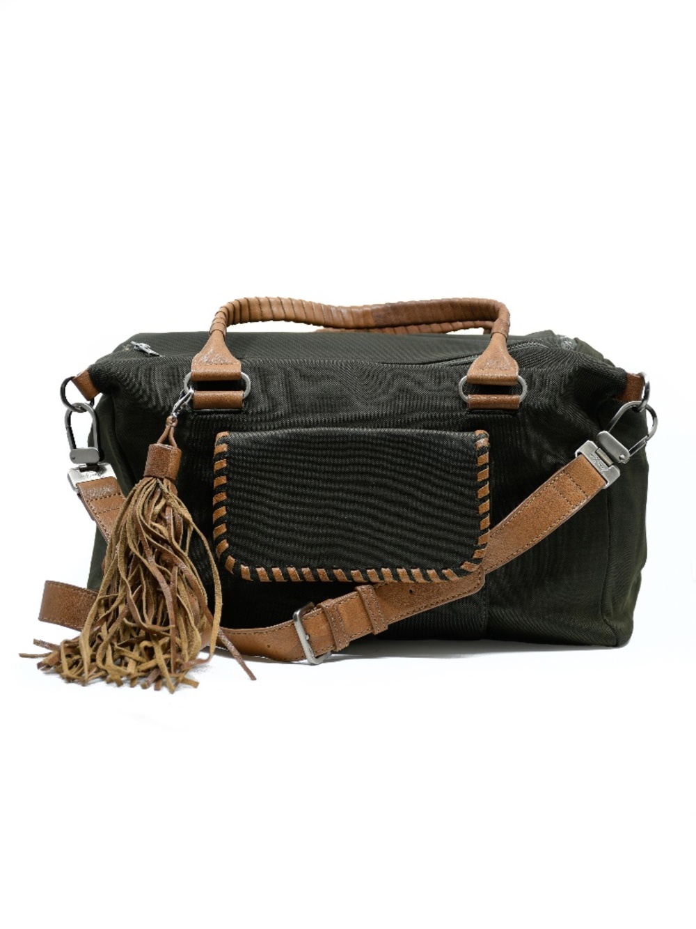 BCBG MAXAZRIA Canvas Weekend Bag Green/Tan Large Leather Tassel